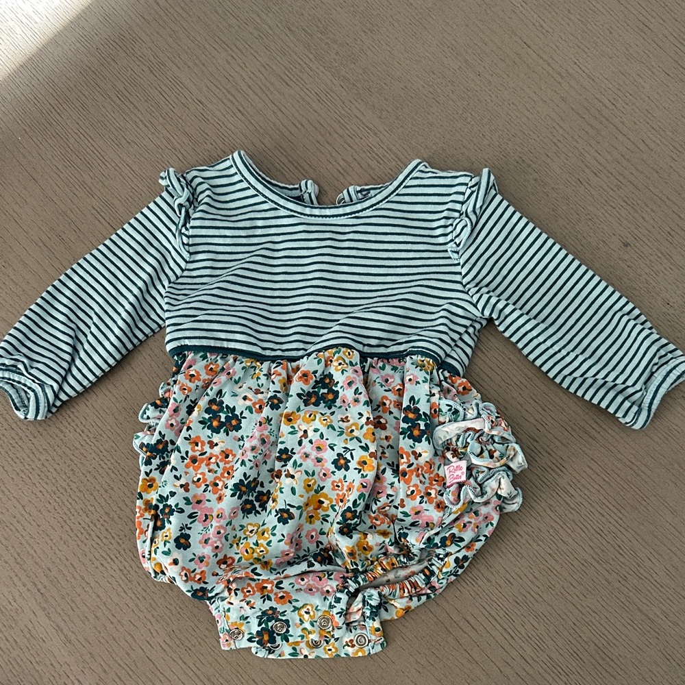 Striped & Floral Long-Sleeve Baby One-Piece in Teal and Multi